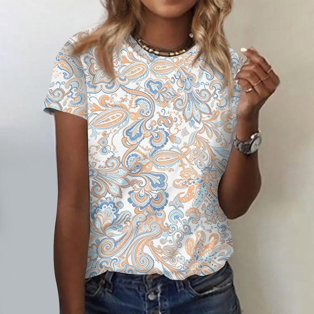 Women's Casual Loose Fit Short Sleeve Top Floral Paisley Print Lightweight Summer Blouse Comfortable Daily Wear