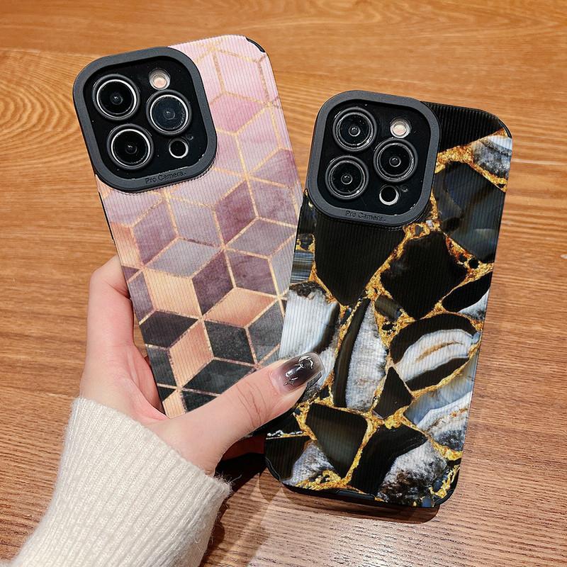 Vertical Grain Marble Printed Leather Soft Silicone Phone Case Back Cover with Camera Lens Full Protection for Samsung
