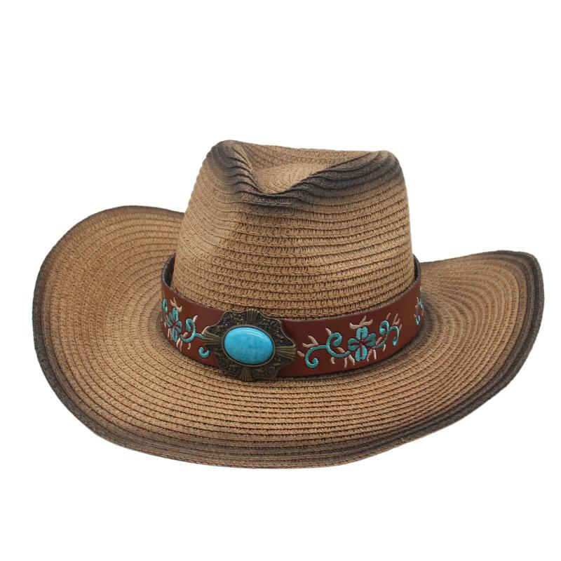 

Western Wind Bull Head Decorative Tooling Straw Top Hat Summer Travel Visor Fashionable Retro Silver Silk Panama One-size-fits-all straw hat [spray paint]