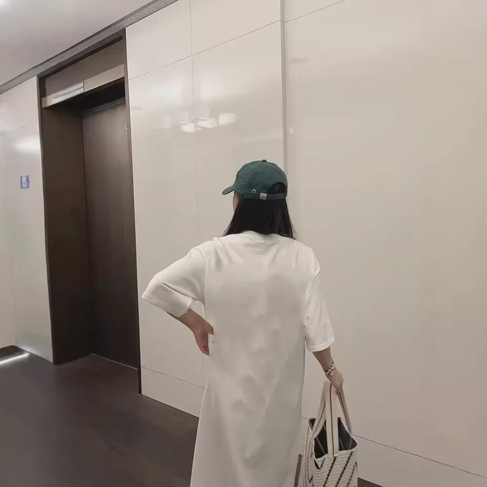 Women's Summer Loose Fit Solid Color T-Shirt Dress - Medium Long with Round Neck and Short Sleeves