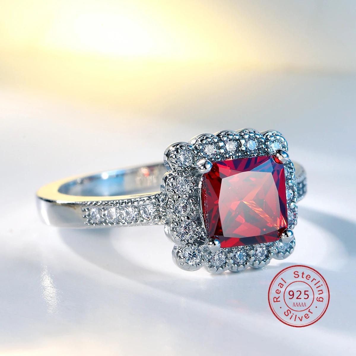 

Luxury Garnet Red Stone Ring for Women Sterling Silver Vintage Large Crystal Zircon Wedding Bands Engagement Ring CZ 10