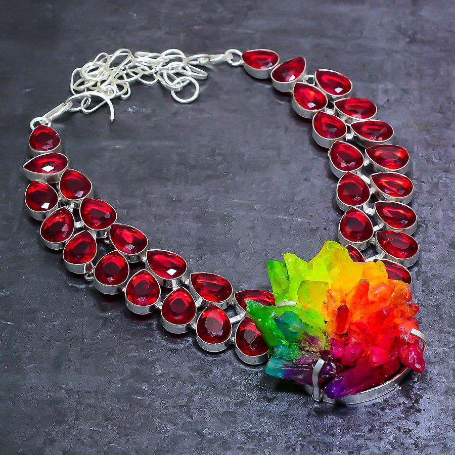 Crystal Druzy, Garnet Handmade 925 Sterling Silver Jewelry Necklace 18" R7d49