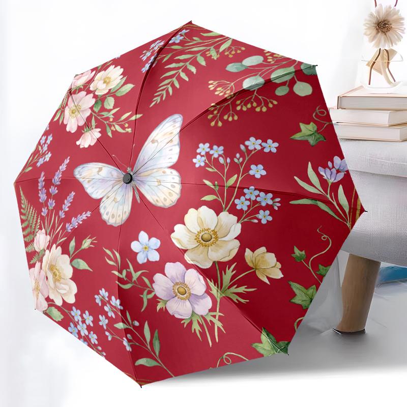 1pc Sturdy 8-Bone Auto Umbrella, Regal Purple Butterfly Wreath Umbrella, Digital Printed, Foldable Umbrella for On-the-Go Outdoor Use