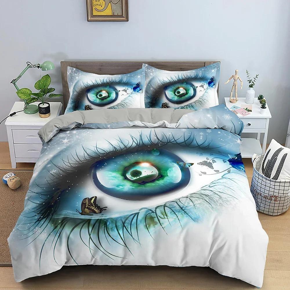 3D Blaues Böses Auge Bettbezug King Queen Größe Psychedelisches Magisches Zeichnungsaugen Bettwäscheset Kinder Jugendliche Erwachsene Polyester Steppdeckenbezug