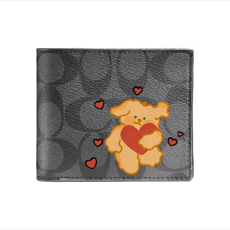 

COACH wallet [Customized bag] 3 IN 1 Bafang Lai Cai shows off embossed printed short folding belt with detachable card holder signature loving puppy чорний