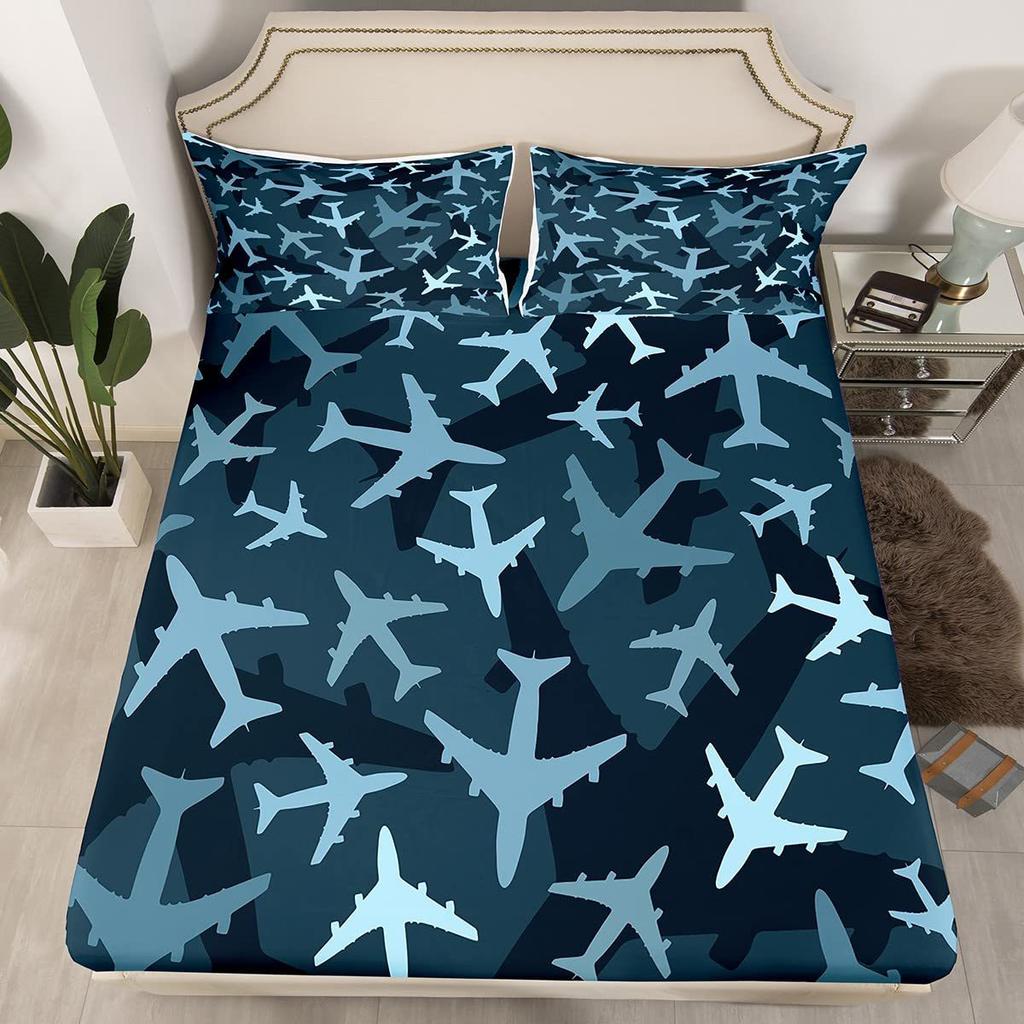 Camouflage cartoon airplane pattern bed hat four-piece bedding set bedroom dormitory bedding decoration