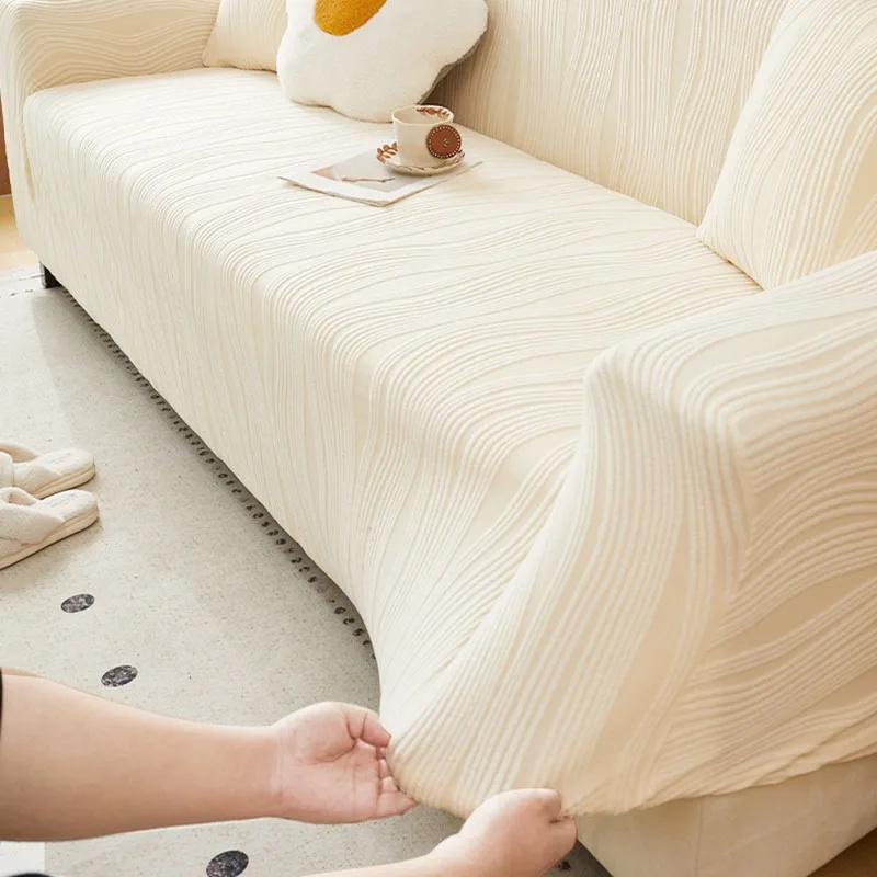 Elastischer Wellen-Jacquard-Sofabezug Gestreift Solider All-Inclusive-Staubschutz für Wohnzimmer Plüsch Anti-Katzenkratz-Sofaschutz