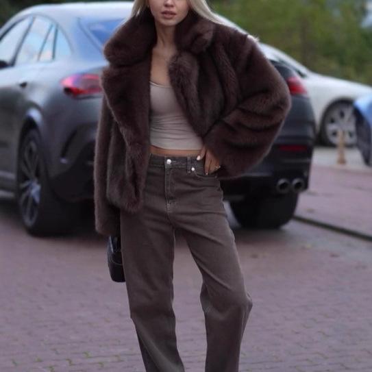 Women's Notched Lapel Long Sleeve Oversized Urban Style Faux Fur Coat Jacket