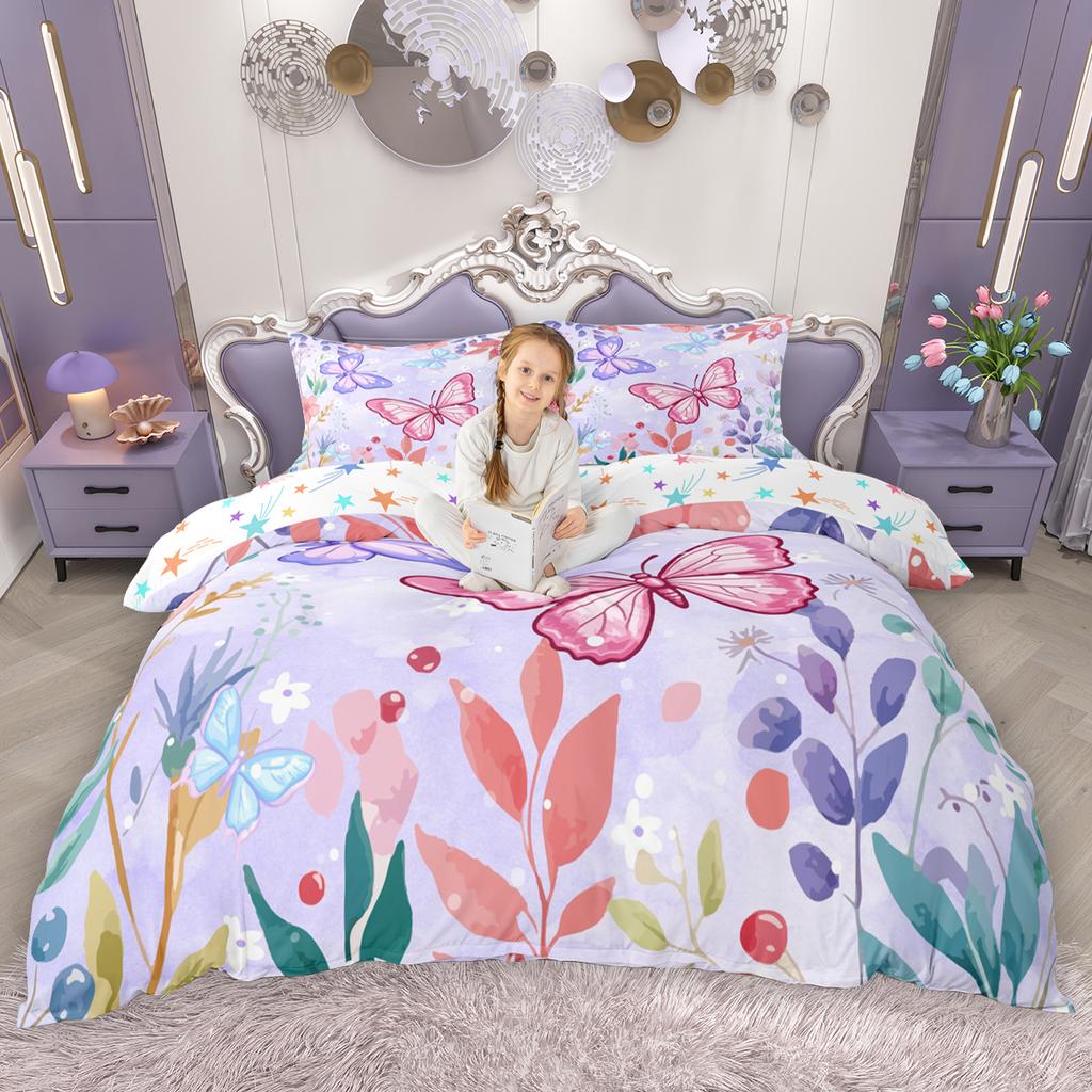 Homewish Chic Butterfly Duvet Cover Set For Girls Spring Garden Flower Quilt Cover Set Wild Animal Floral Bedding Set