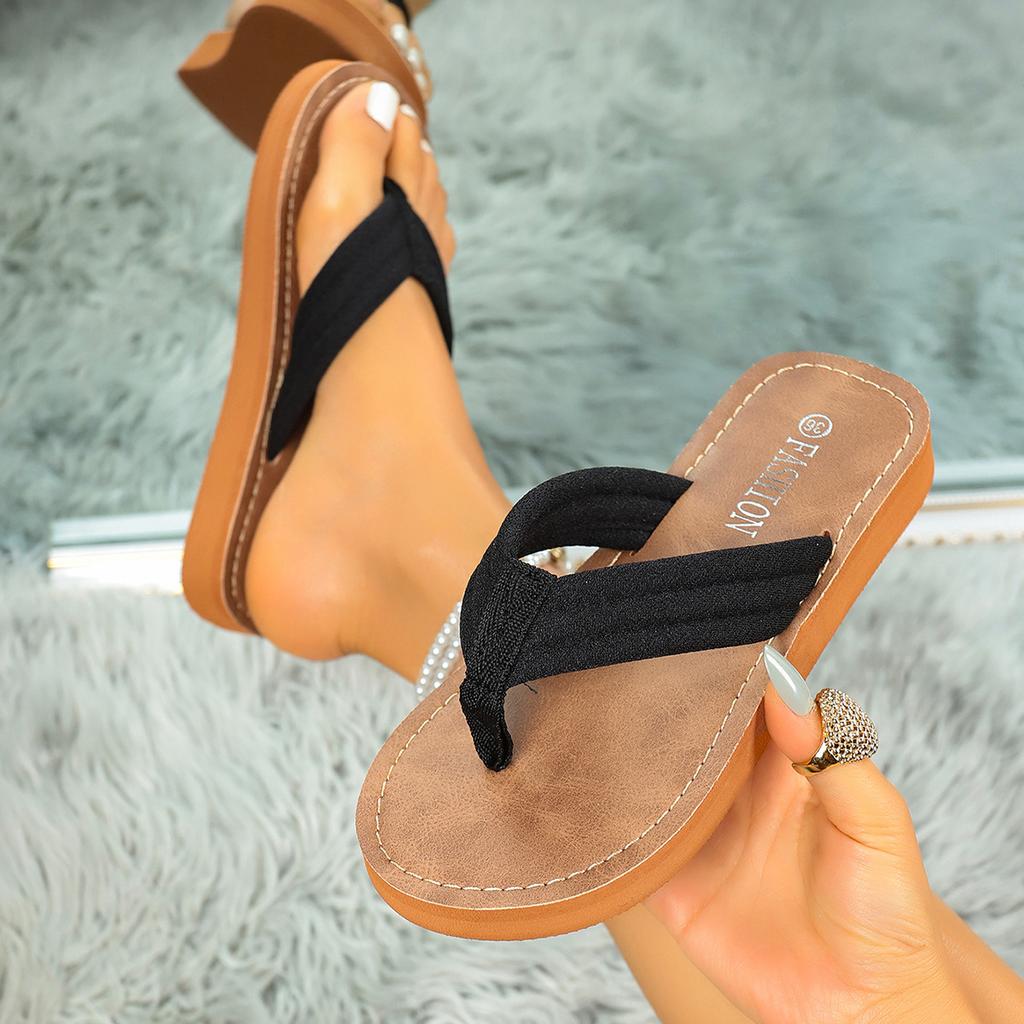 Sommar Nya Slip-on-sandaler med Läderyta, Strandresor Kilklackade Flip-flops, Dam Ytterkläder Flip-flops