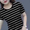 Plus Size Women's Belly-covering Black and White Striped Short-sleeved T-shirt Women's Loose New All-match Blouse Half-sleeved