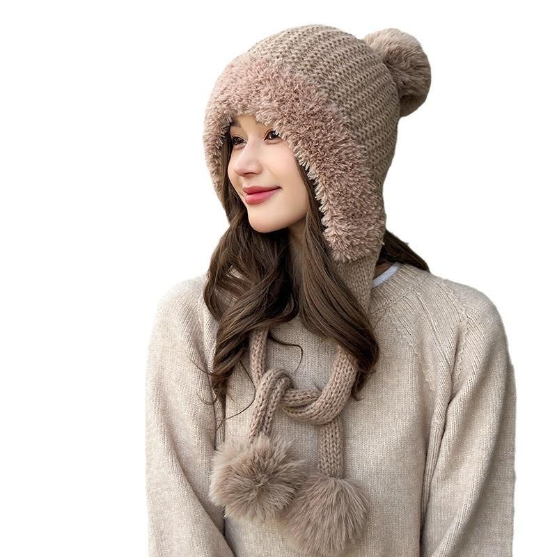 Bonnet en peluche de couleur unie, bonnet tricoté chaud à double couche avec boule moelleuse, bonnet tricoté mignon à boule suspendue, chapeau d'extérieur pour l'hiver