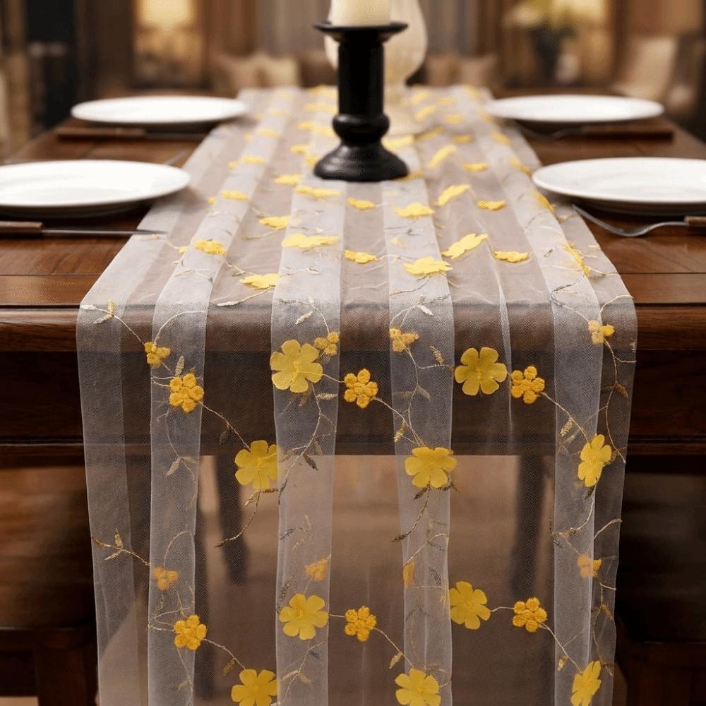 Semi-Transparent Tulle Table Runner 3D Embroidery Gauze Table Flag Kitchen Dining