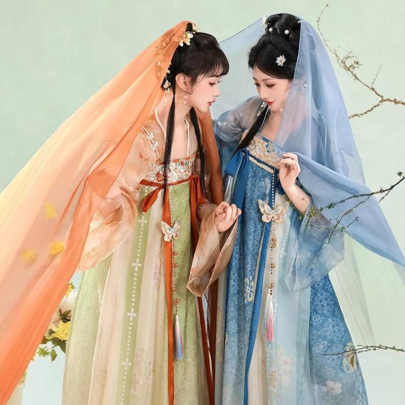 Womens Tang Dynasty Style Hanfu Set With Embroidered Floral Print Lightweight Chiffon Top High-Waist Skirt Daily Wear