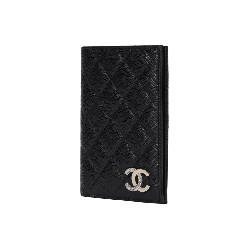 CHANEL 24B brand logo metal logo diamond pattern flip cover opening and closing  lychee grain leather passport clip wallet  black
