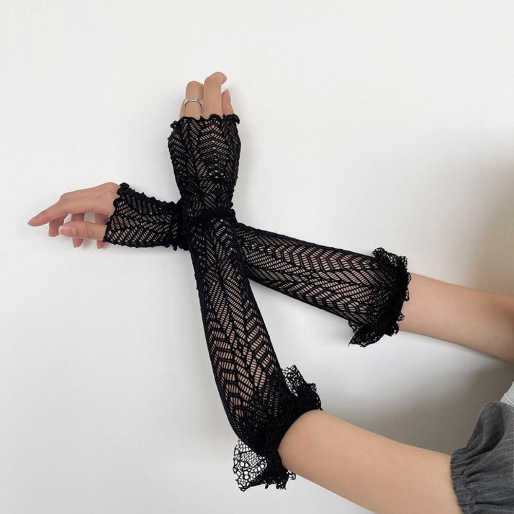 New Lace Fingerless Gloves Anti-UV Sunscreen Arm Sleeves Elastic Mesh Arm Guard Women чёрный