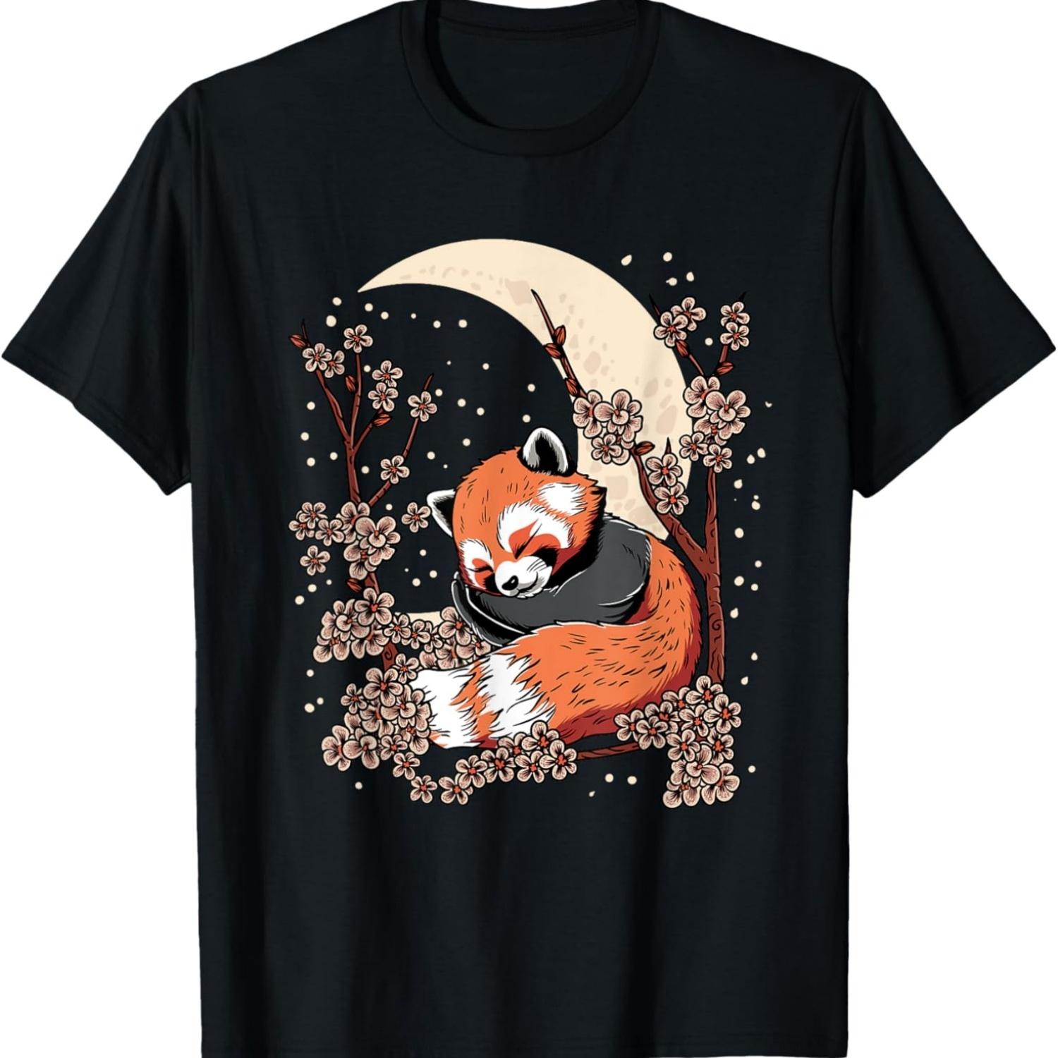 Kawaii Red Panda Sleeping On Moon Cherry Blossoms T-Shirt S чёрный