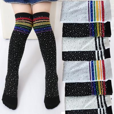 Japanese New Cotton Fashion Bling Girls Knee High Socks Colorful Striped Rhinestone Stockings for Children Kids Baby Girl Socks