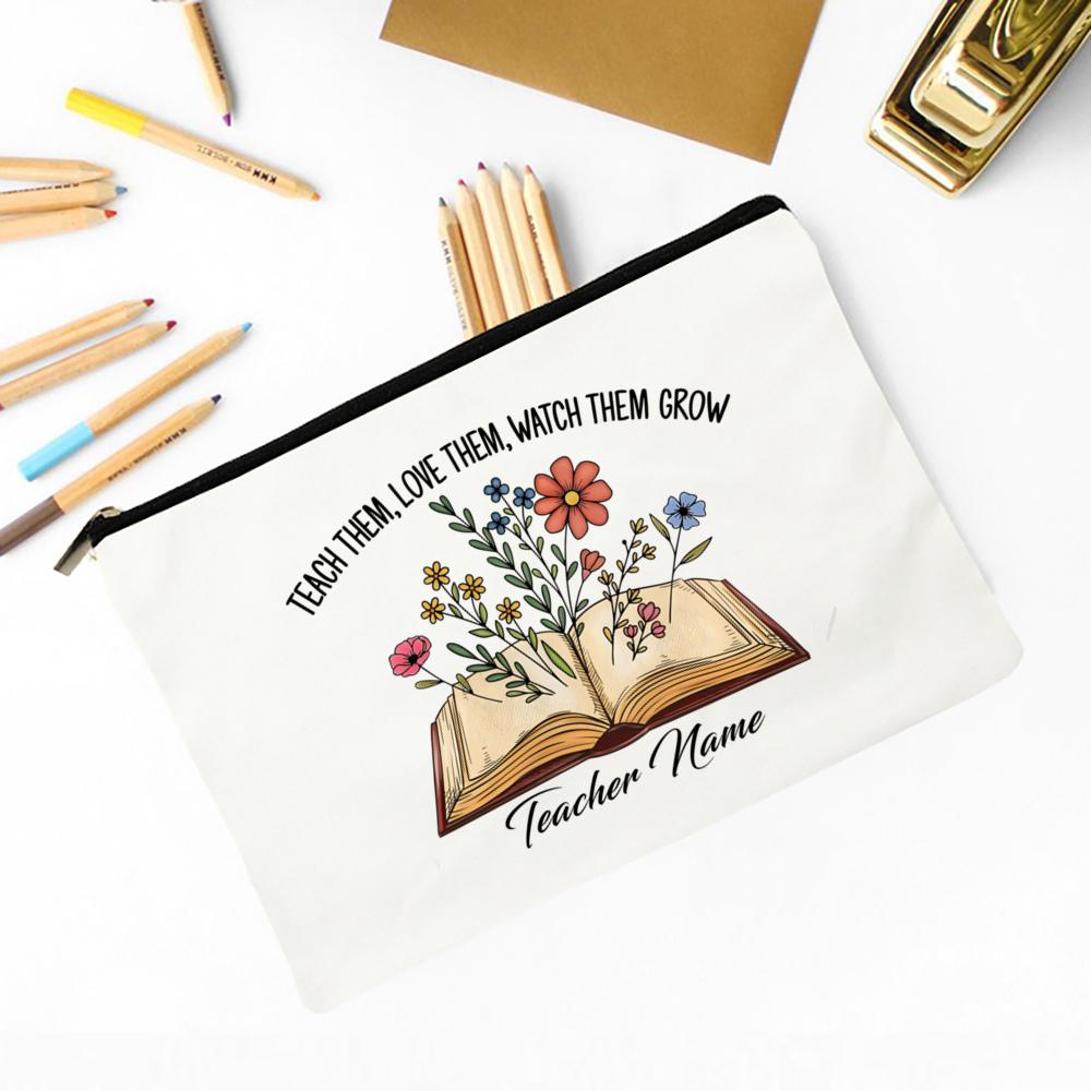 Thank You for Helping Me Grow Custom Name Makeup Bag Personalised Pencil Bags Travel Toiletries Storage Pouch Gifts for Teacher