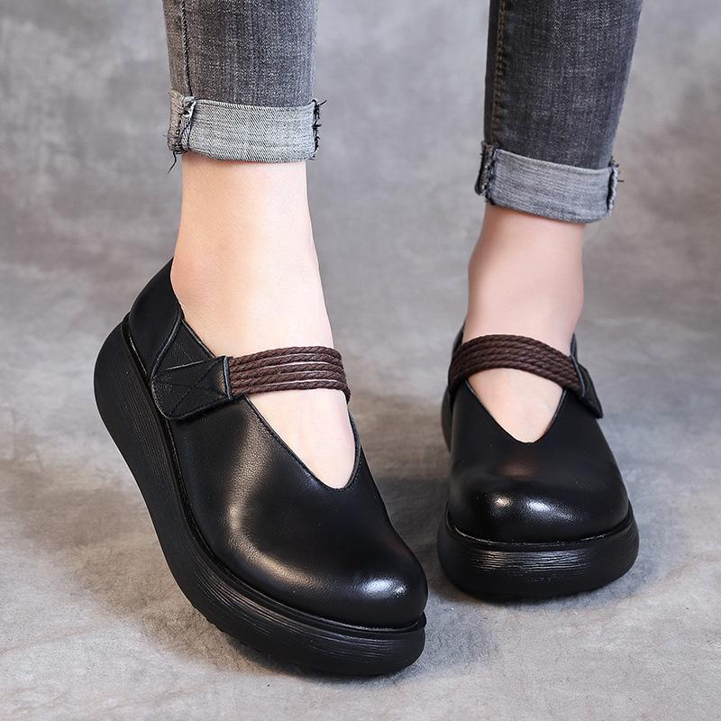 Fashion GKTINOO Genuine Leather Flat Platform Shoes For Women Retro Thick Heel Wedges Handmade Casual Shoes Leisure Ladies Platform Shoe