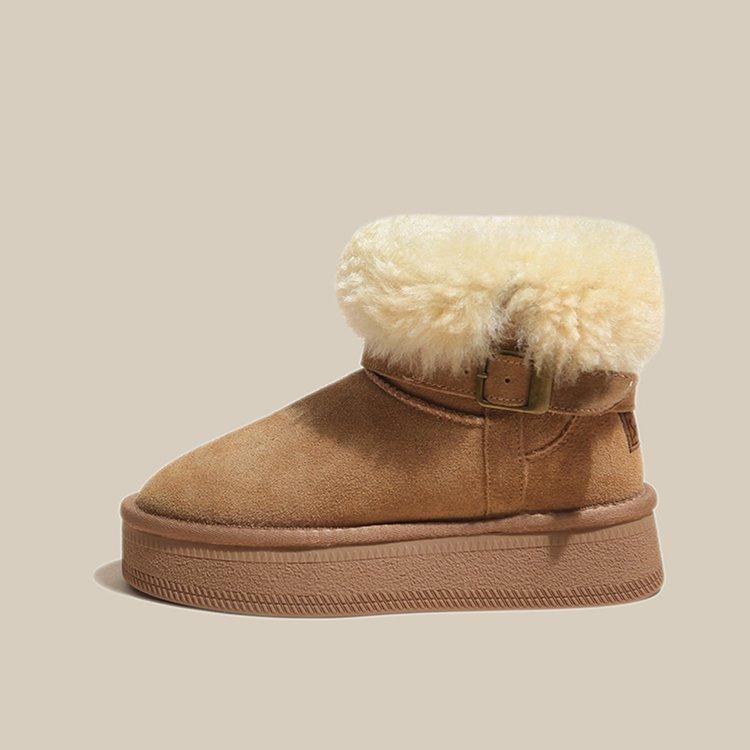 

Теплые плюшевые зимние сапоги-дутики средней длины на толстой подошве для женщин, чтобы увеличить рост зимой 2025 года, новые кожаные пушистые утолщенные хлопковые ботинки 40 верблюд