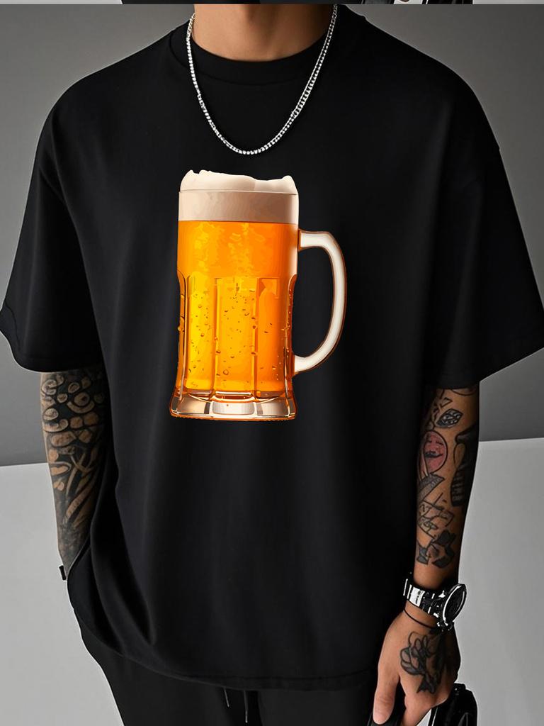 Unisex Summer White Short Sleeve Tee Realistic Foamy Beer Mug Graphic Print Crew Neck Loose Casual Male Daily Streetwear Tops