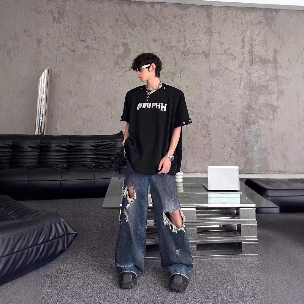 American Retro Old Ripped Design Sense Mopping Jeans Men's and Women's High Street Loose Niche Straight Casual Trousers