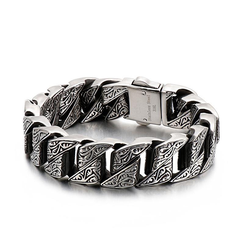 Silver Color New Domineering Retro Patterned Bracelet with Trendy Men's Punk Rock Hip-hop Width