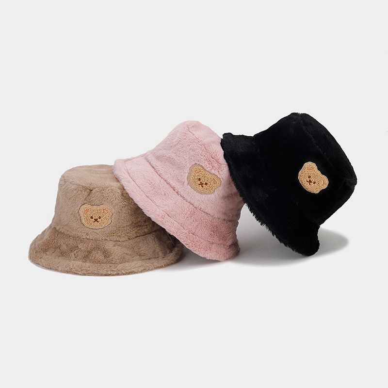 New Collegiate Style Cute Bear Bucket Hat for Women, Trendy Autumn/winter Plush Thickened Warm Sun Hat, Pot Hat