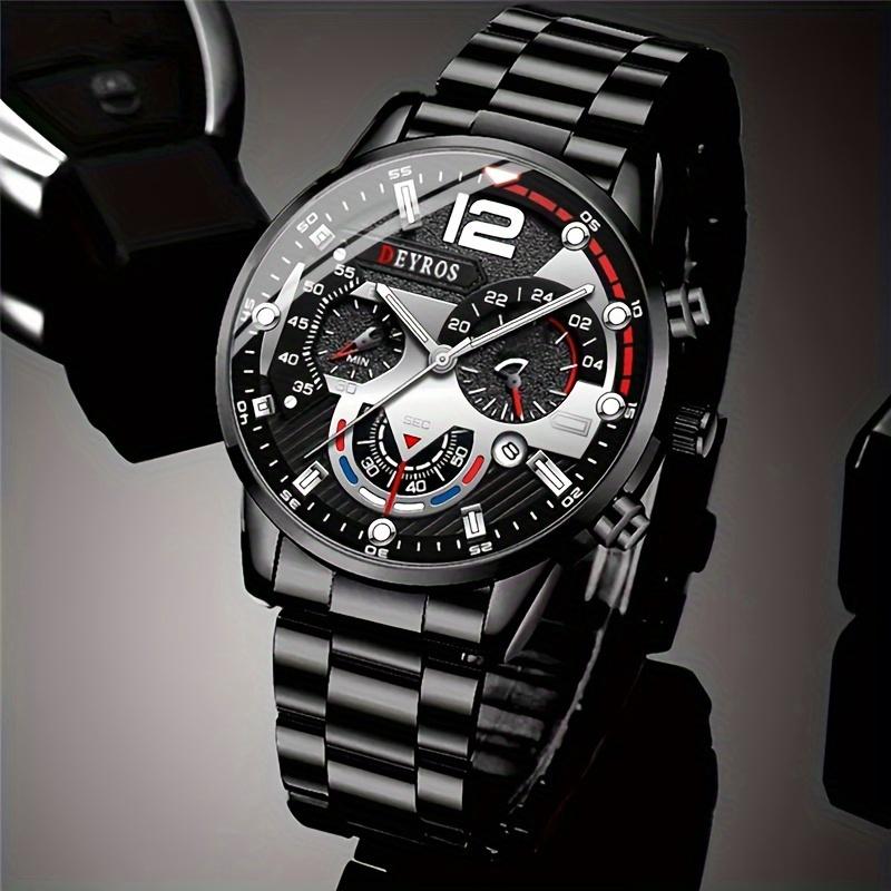 3pcs/set Men'sBusiness Alloy Stainless Steel Pointer Quartz Wrist Watch & Bracelet Necklace Set