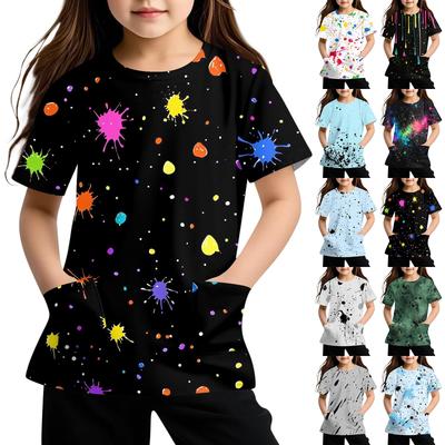 Children's Short Sleeve Pocket Tops Casual  Print T Shirt Round Neck Pullover Blouse