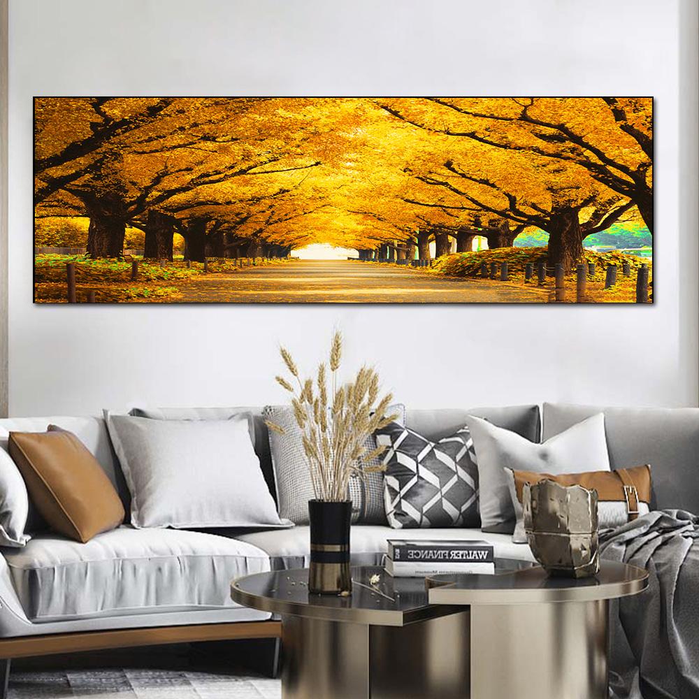 Landscape Red Green Gold Tree Leaf Sunshine Canvas Painting Poster and Prints Wall Art Pictures Living Room Home Decor No Frame