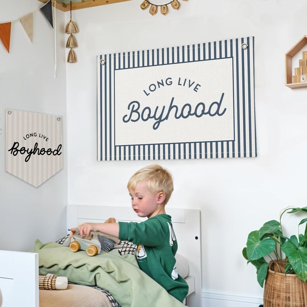 Lacama Vintage Blue Long Live Boyhood Boys Room Decor, Boy Nursery Decor, Linen Banner Wall Hanging Canvas Banner Flag Decor for Toddler Boy Room