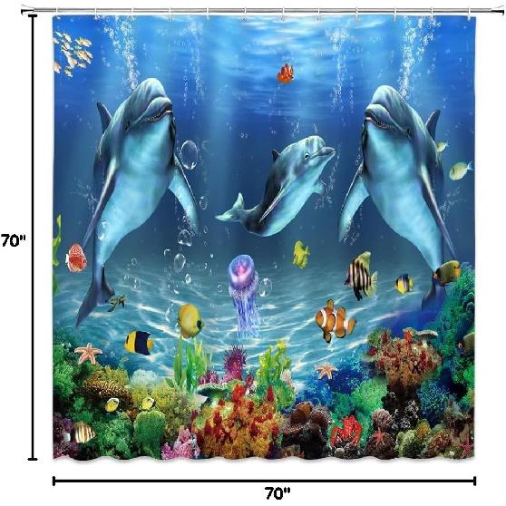 Underwater Dolphin Blue Shower Curtain Ocean Cartoon Whale Boys Animal World Marine Life Tropical Fish Fantasy Sea Coral Reef Seabed Bathroom