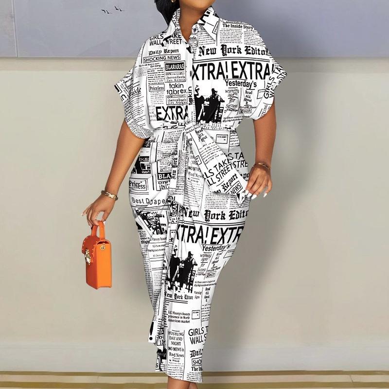 

IHUASU Autumn Long Sleeve V-neck Button-up Print Shirt Dress Long Skirt Women M газета