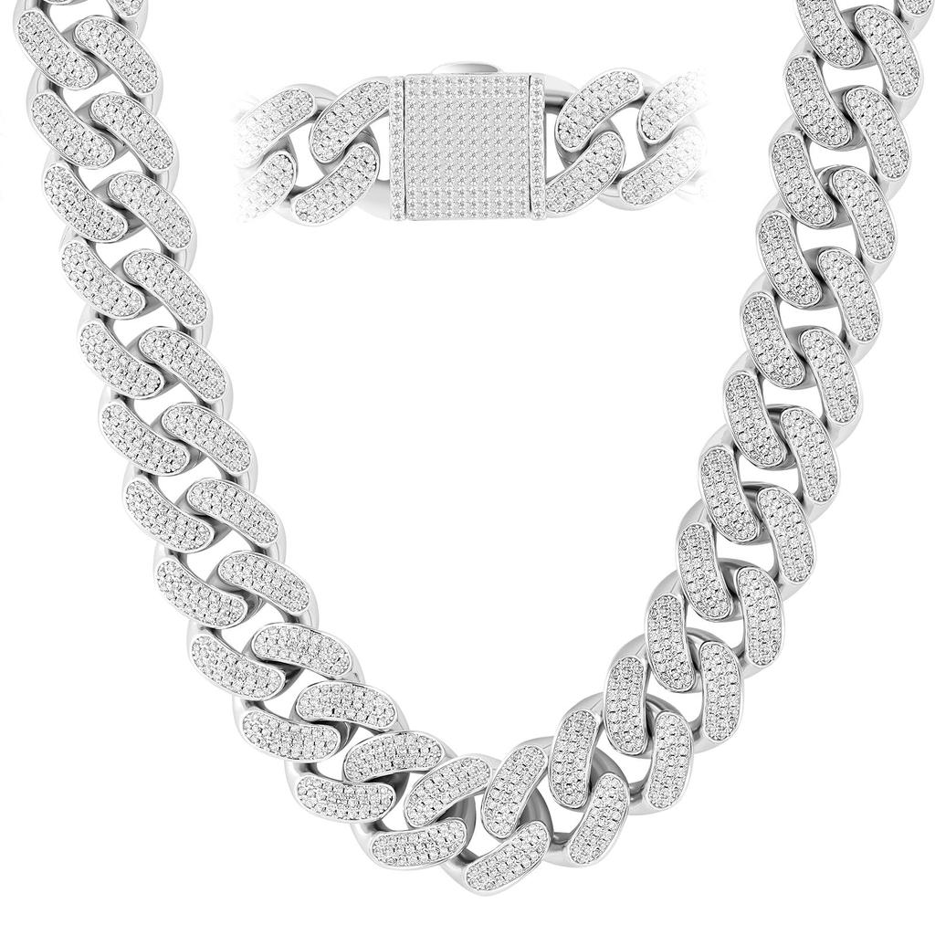 Curb Chain Necklace with Zirconia and Miami Cuban White Gold CZ Thick Hip 46cm KRKC&CO Chain, 18mm, Plated, Diamonds, Men's Necklace, Choker, Hop,