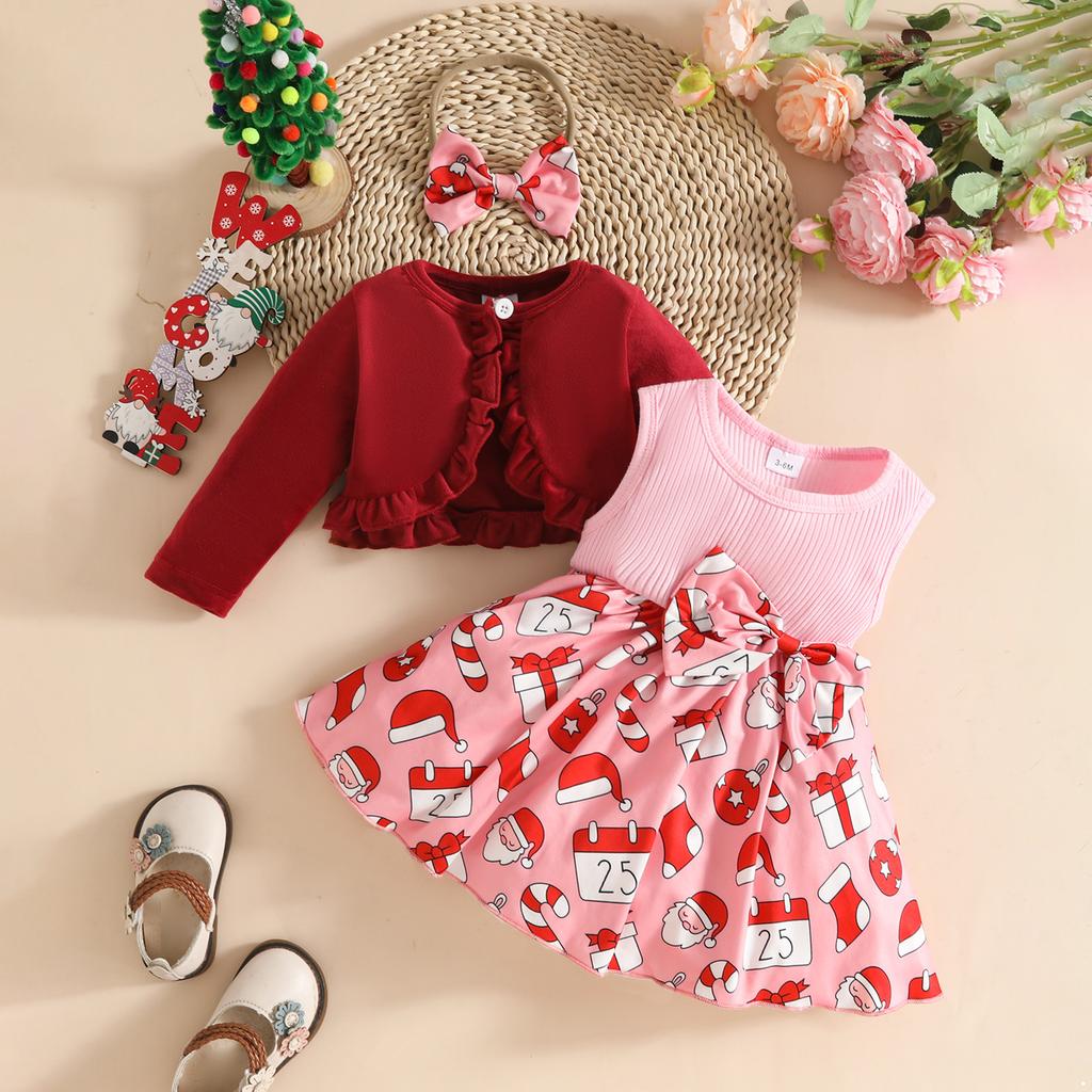 Toddler Girl Christmas Party Dress Set 3-Piece Velvet Cardigan with Headband for Holiday Photo Shoot Outfit