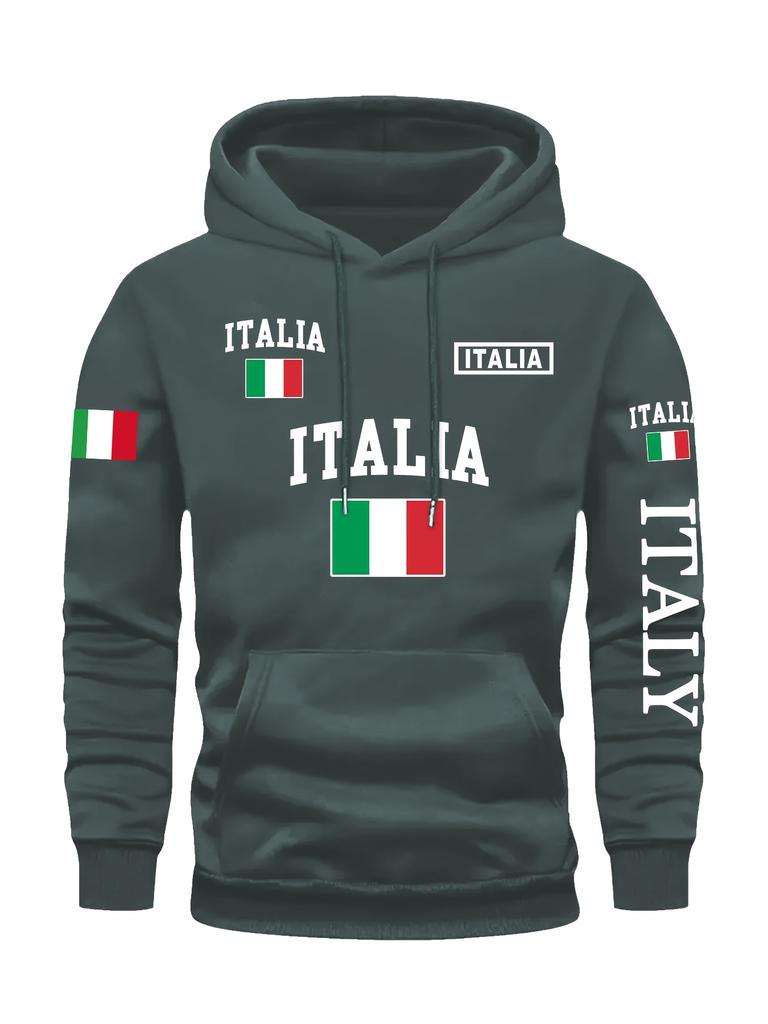 Men's Stylish Graphic Hoodie Black Casual Pullover Front Pocket Comfortable Polyester Blend Machine Washable Italy Sweatshirt