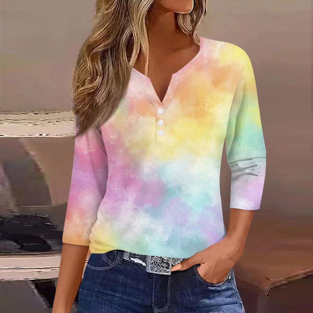 Women's T Shirt Tee Print Button 3/4 Sleeve Daily Weekend Fashion Basic V- Neck Regular Top