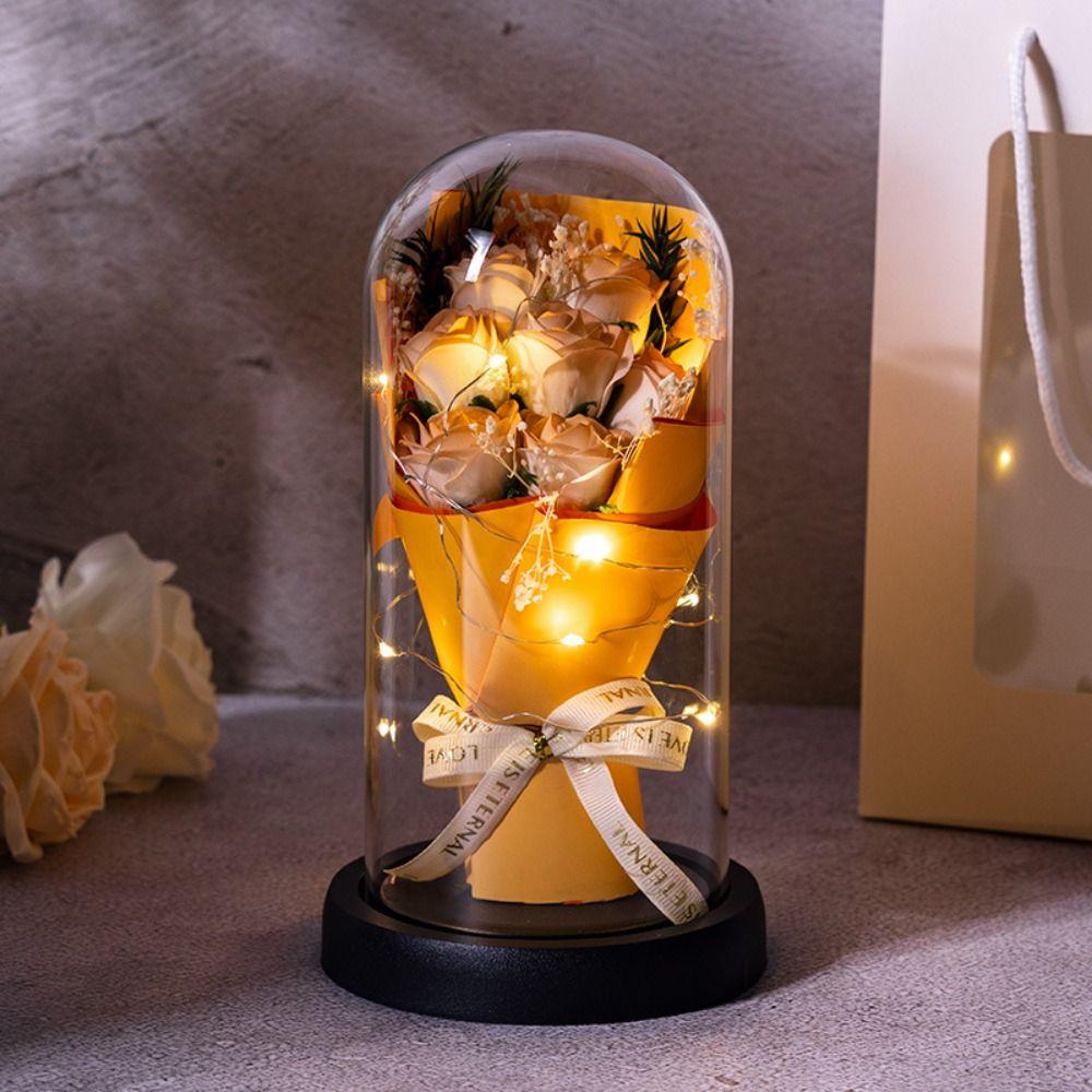 Acrylic Dome Rose Eternal Flowers Realistic LED Light Starry Sky Bouquet Christmas New Year Bouquet Decoration Simulation Flower