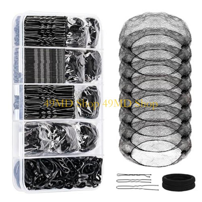 

49MD Dance Hair Styling Set 100 U Shaped Pins 50 Hairpins 100 Elastic Rubber Bands 8 Invisible Hair Net and 2 Hair Ties