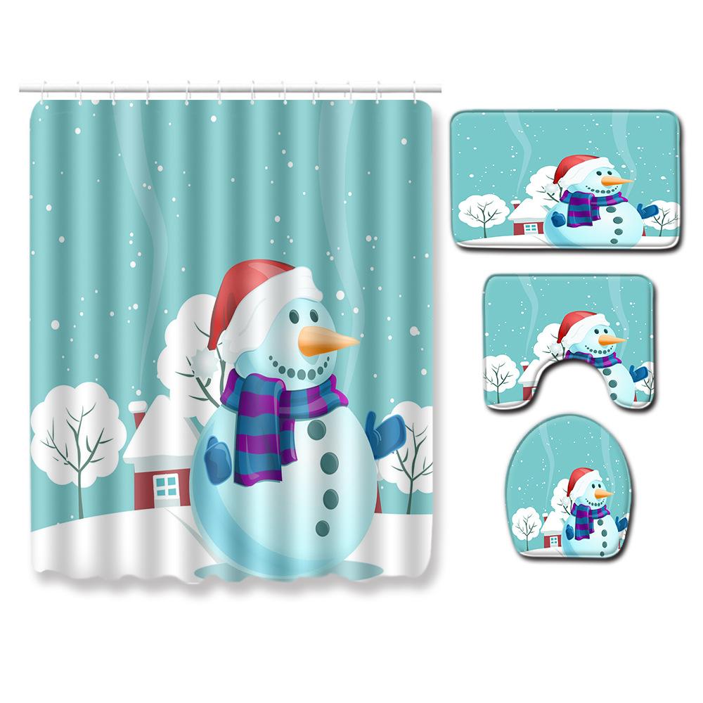 Christmas Shower Curtain Floor Mat Combination Four-Piece Bathroom Non-Slip Door Mat Foot Mat Bedroom Living Room Carpet