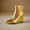 Fashion Golden Silver Belt Buckle Pointed Women's Short Boots New European American Winter Warm 8.5cm High Heels Ankle Boots Size 32-46