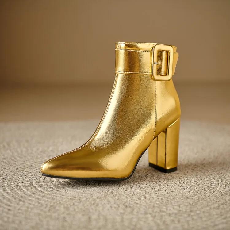 Fashion Golden Silver Belt Buckle Pointed Women's Short Boots New European American Winter Warm 8.5cm High Heels Ankle Boots Size 32-46