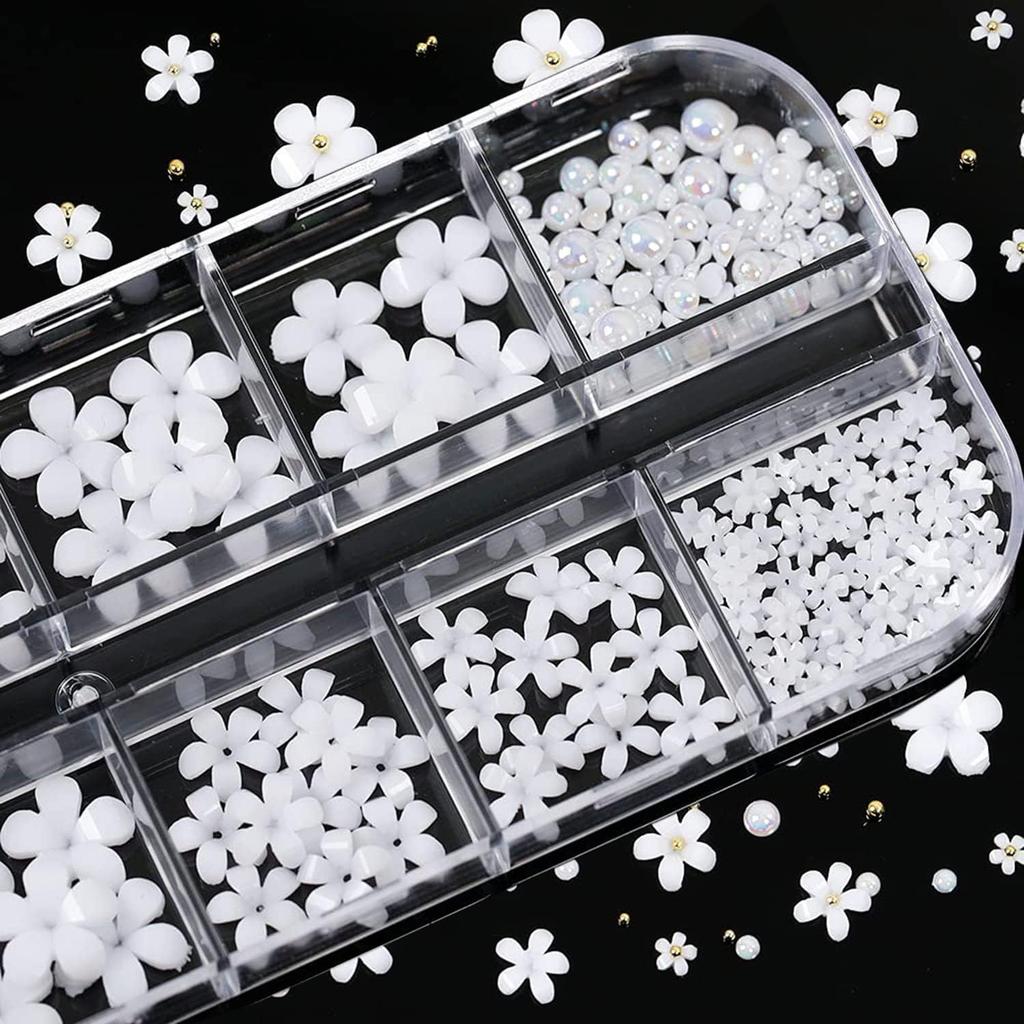 Blumen Nail Art Dekorationen, Weiße Blütenperlen Perlen Nagelpailletten Design Set, Florale Nieten Strasssteine für Nagelsticker Decals Folien