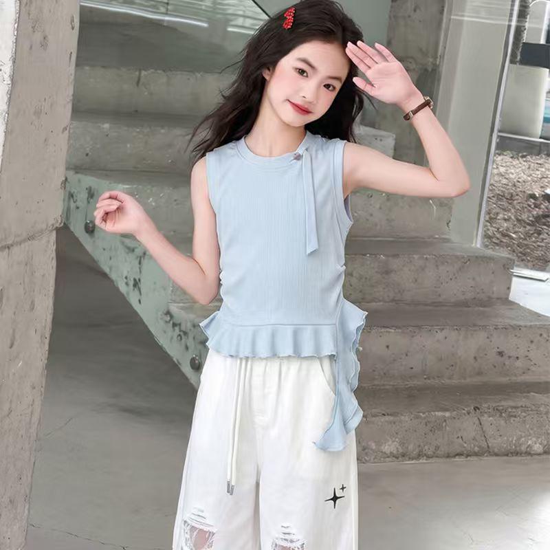 2026 Girls Sleeveless Ribbon Knit Top - Summer Breathable Korean Style 130 (height ~120cm)