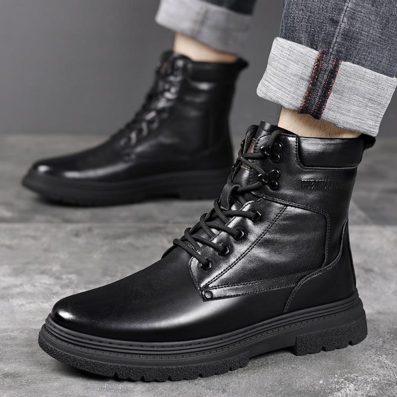 First Layer Cowhide Winter Men's Cotton Shoes Genuine Leather Wool Outdoor Warm Military Boots Men's Velvet Leather Boots Martin Boots Men's