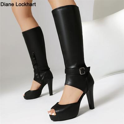 Fashion Summer Women's Platform High Heels Knee-length Boots Sexy Open Toe Side Hollow High Heel Shoes Buckle Sandals Boats Mujer Black