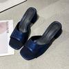 Summer new casual thick heel middle heel fashion one-character sandals women's shoes wear square toe women's slippers