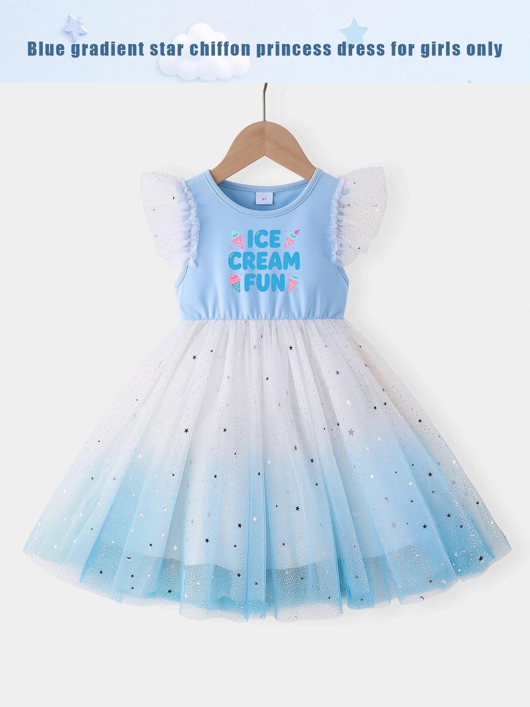 Girls Cute Ice Cream Print Flutter Sleeve Dress, Blue Gradient Star Tulle Casual Princess Tutu Gown 4Y синий